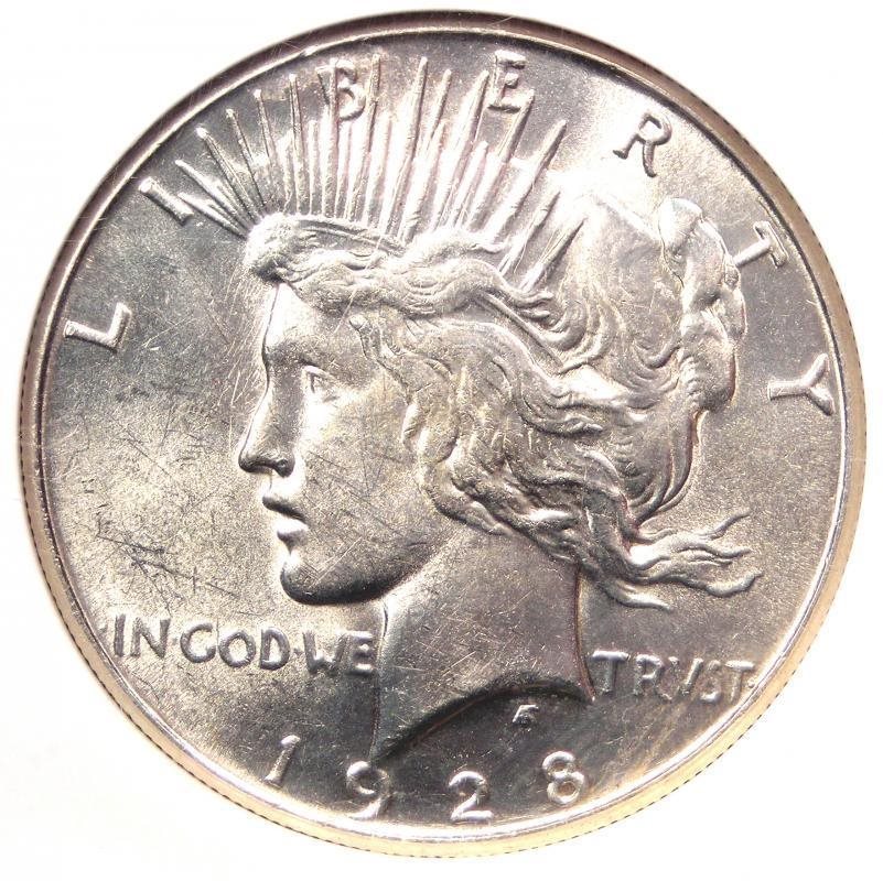 Side-by-side comparison: standard 1928-S Peace Dollar motto (left) vs VAM-3 Doubled Motto (right) showing clear secondary impression on letters