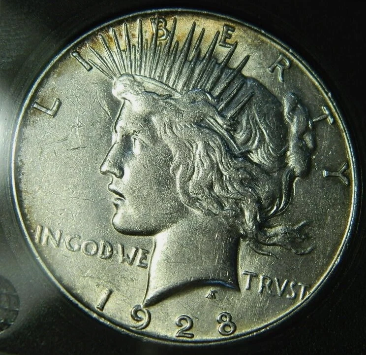 1928-S VAM-3A Peace Dollar – close-up showing doubled motto and die file lines across obverse left field