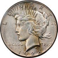1928 Peace Dollar lamination error – close-up showing peeling or flaking surface layer on the planchet